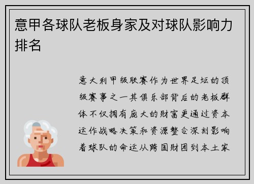 意甲各球队老板身家及对球队影响力排名